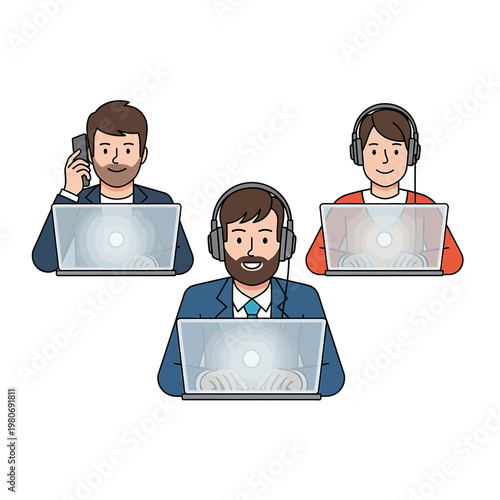 Three men with headsets and laptops.