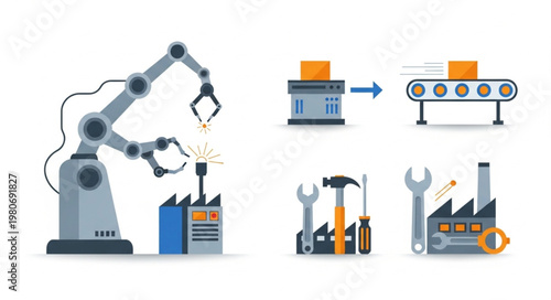 Industrial Automation Robot Arm and Manufacturing Icons Set.