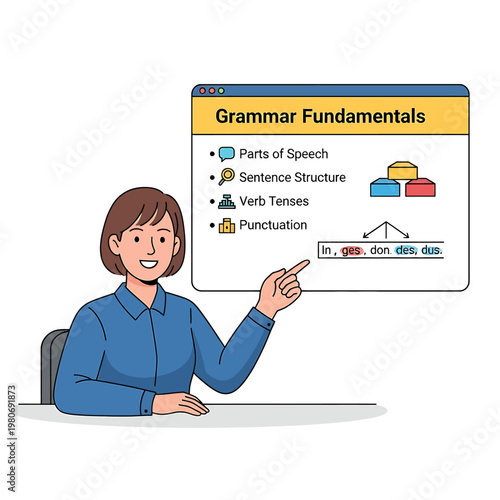 Woman pointing at educational grammar slide.