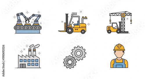 Industrial icons set including factory forklift crane and worker.