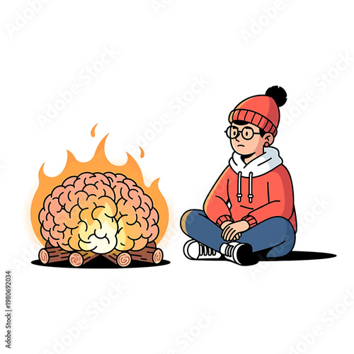 Man sitting by burning brain fire.