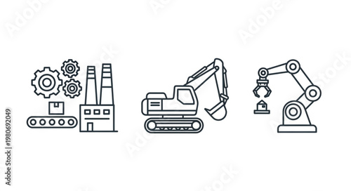 Industrial machinery and factory icons line art.
