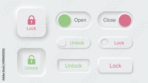 Neumorphic Lock and Unlock Button Set – Minimal UI Slider Switch with Padlock Icons Neumorphism Web Interface Vector