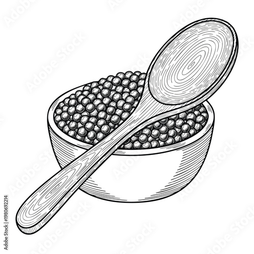 Illustration of a spoon resting on a bowl filled with small round objects black and white sketch style