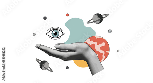Hand with eye and planets floating.