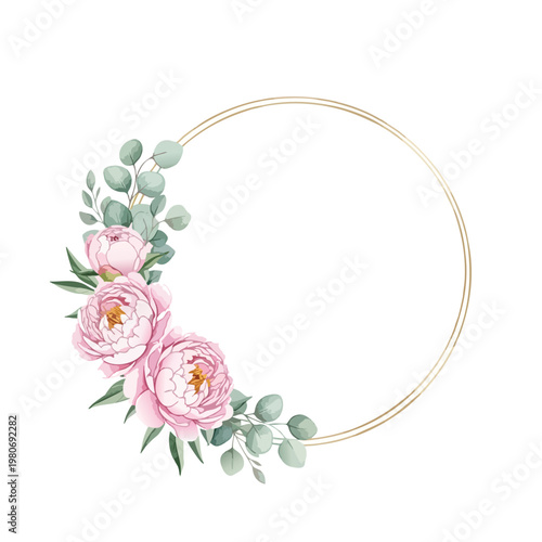 Elegant Floral Frame with Pink Peonies and Green Foliage for Invitations or Design Elements