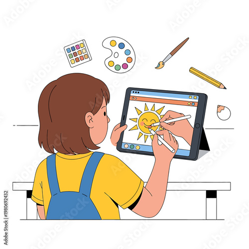 Child using digital drawing tablet creatively.