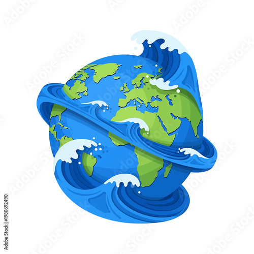 Earth Globe with Rising Ocean Waves.