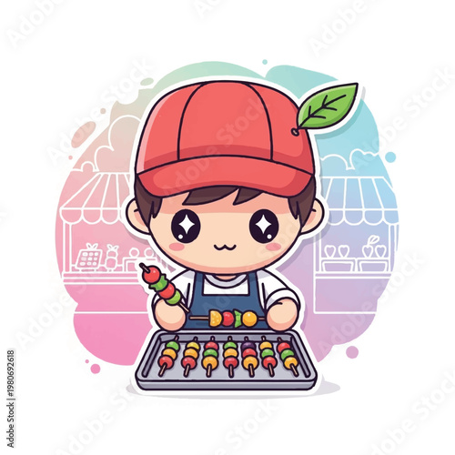 Cartoon boy holding colorful skewers tray.