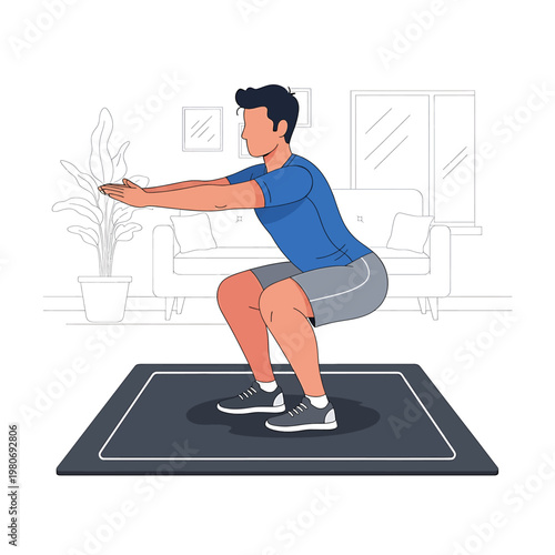 Man doing squat exercise at home.