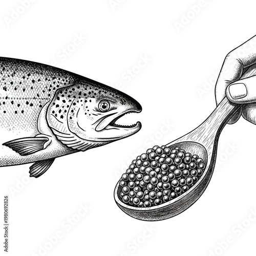 Illustration of a Fishing Scene with a Fish and a Hand Holding a Spoon of Fish Food