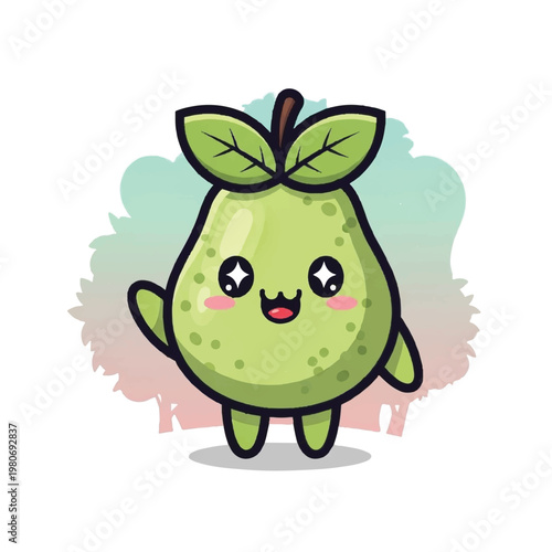 Cute cartoon pear character smiling.
