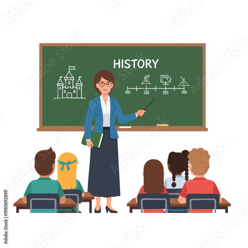 Engaging Classroom Scene with Teacher Giving History Lesson to Students