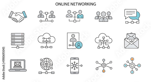 Online networking and digital communication icons.