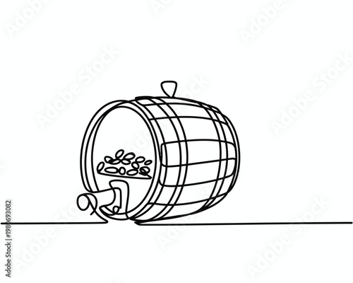 Continuous line drawing of a wooden barrel with grapes  wine barrel illustration