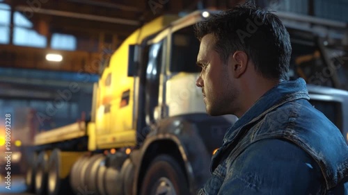 A contemplative man in a denim jacket stands near a yellow truck in a dimly lit warehouse
