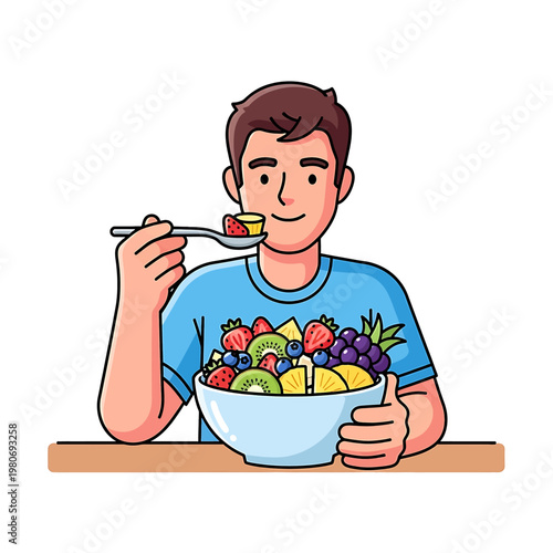 Man eating fruit from a bowl.
