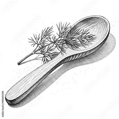 Vintage Wooden Spoon with Fresh Pine Branch for Cooking or Kitchen Decor