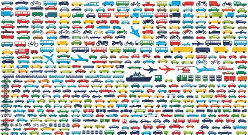 Collection of various colorful transportation vehicles and modes of transport.
