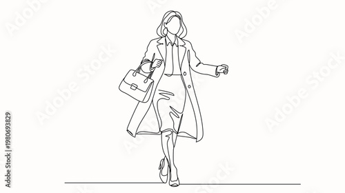 One line illustration of elegant businesswoman in motion carrying bag, corporate life and confidence concept, success and achievement concept, Hand drawn single line vector illustration