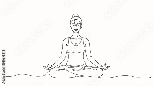Single line art of female practicing yoga meditation in cross legged pose, calm and relaxation concept, Hand drawn single line vector illustration