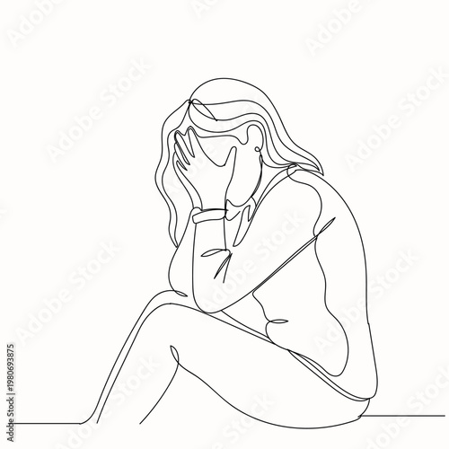 Continuous one line drawing of stressed person covering face with hand, concept of frustration, anxiety and mental pressure, Hand drawn single line vector illustration