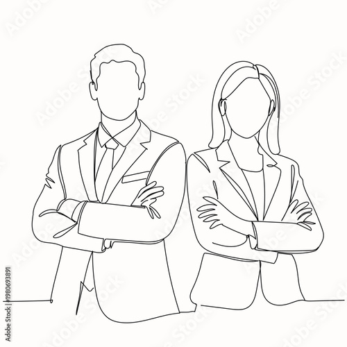 One line drawing of male and female entrepreneurs standing with crossed arms, corporate teamwork concept, Hand drawn single line vector illustration