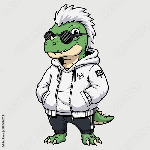 Trendy reptile character wearing shades and urban streetwear, cool alligator mascot illustration