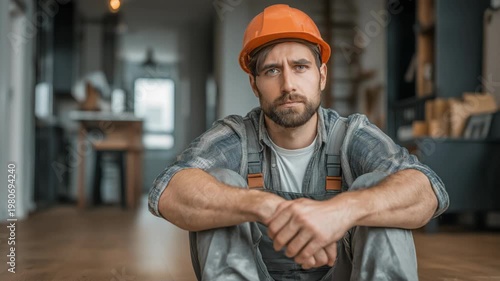 Asian factory worker sitting idle with a bored expression due to lack of orders, symbolizing economic slowdown, unemployment risk, and reduced industrial production in a manufacturing environment.