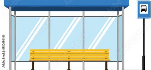 Bus stop shelter with blue roof, yellow bench and sign for public transportation vector design projects