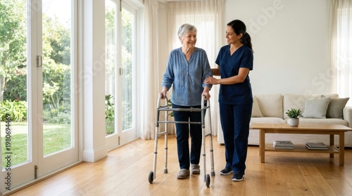 Caring nurse provides support and assistance to an elderly woman using a walker in a home setting