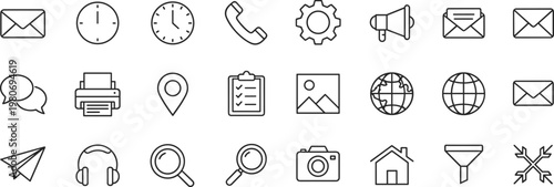 Universal web and business line icon set featuring communication, time management, global networking, multimedia, location markers, search tools, and marketing.