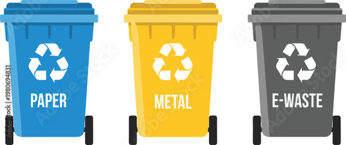 Colorful Recycling Bins Set for Paper, Metal, and E-Waste for Waste Sorting and Sustainability Designs