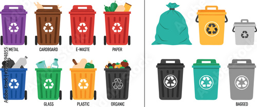 Colorful Waste Sorting Bins Set for Recycling Metal, Cardboard, E-Waste, Paper, Glass, Plastic, Organic, and Bagged Waste