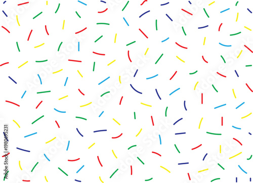 graphic pattern featuring colorful sprinkles on a white background, commonly used to represent donut glaze or birthday cake icing. 