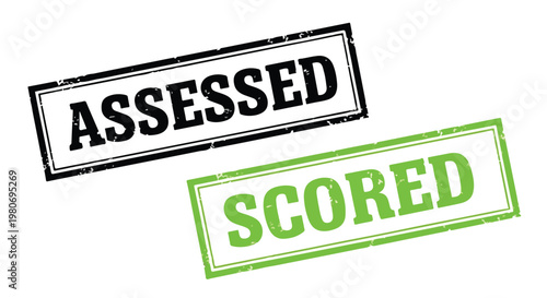 Close-up of two rubber stamps with assessed and scored impressions on white paper in black and green ink