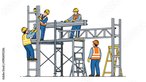 Construction Team Assembling Scaffolding: A team of construction workers diligently assembles scaffolding, showcasing teamwork and precision in a project. 