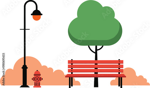 Minimalist park scene with bench, tree, streetlamp and fire hydrant for outdoor decorative vector design projects