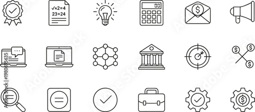 Collection of business and finance thin line icons including calculator, bank building, target, briefcase, lightbulb, and money envelope design elements.