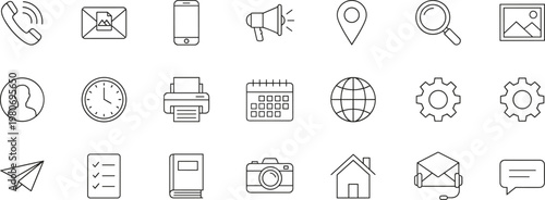 Collection of essential thin line outline icons for modern business communication user interface design contact information and mobile web applications