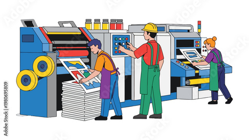 Printing Process: Skilled technicians manage a high-speed printing press, meticulously producing vibrant prints. Illustrating the precision and collaborative effort involved in the printing industry.