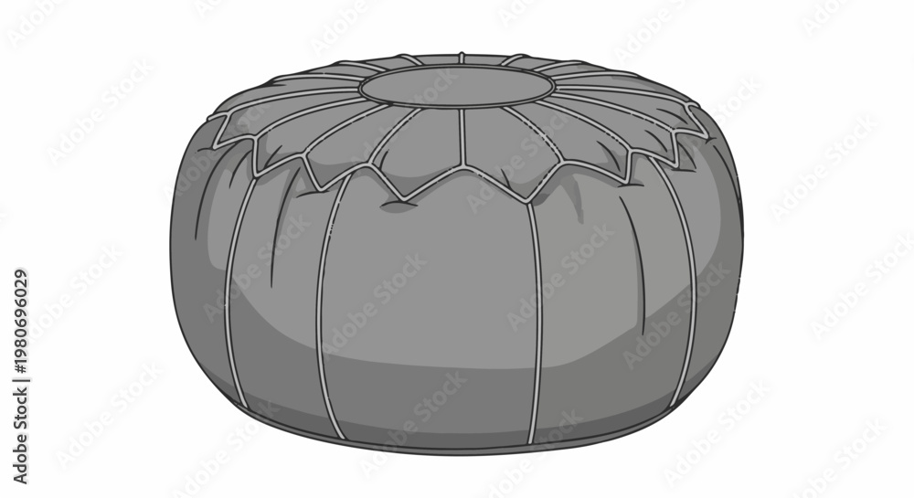 Fototapeta premium A grey, round pouf with stitched panels and a circular top detail