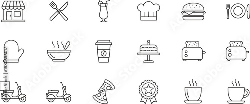Collection of restaurant and food delivery thin line icons featuring burger, pizza, coffee, chef hat, toaster, and delivery scooter elements.