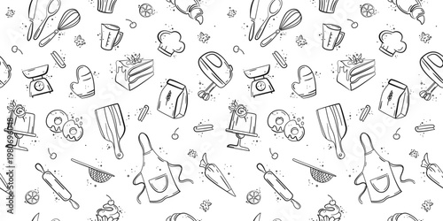 Cooking, baking, sweet products, desserts seamless pattern