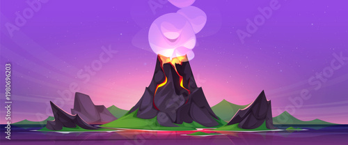 A cartoon volcanic island erupting at sunset.