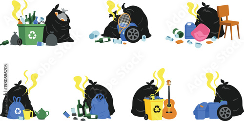 Overflowing Trash and Waste Icons Set with Recycling and Stinky Garbage for Waste Management and Environmental Designs
