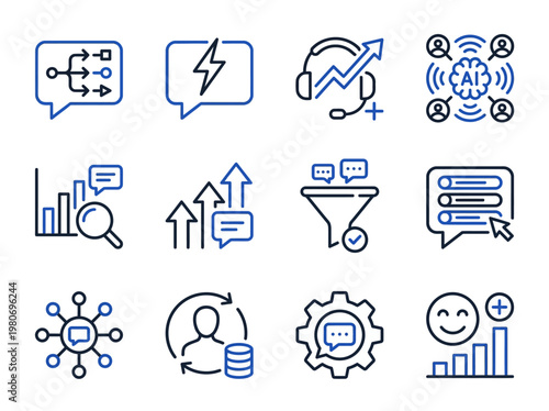 AI chatbot and customer support automation icon set for data analysis, lead filtering, and satisfaction performance management
