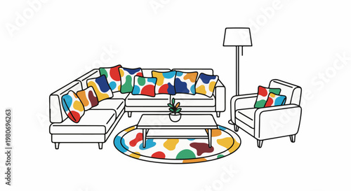 Modern living room interior with a sectional sofa, armchair, coffee table and lamp