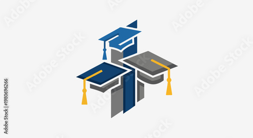 Three graduation caps, two blue, one gray, with yellow tassels, on abstract blocks