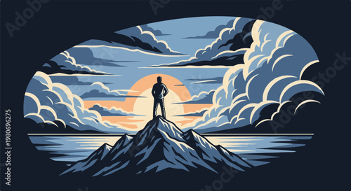 Silhouette atop mountain peak at sunrise, gazing across tranquil water